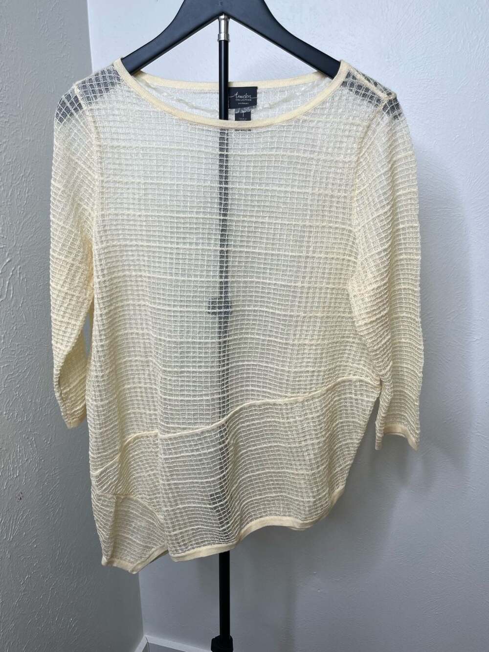 Chico's Travelers Collection Yellow Textured Open Knit Asymmetrical Hem Sweater